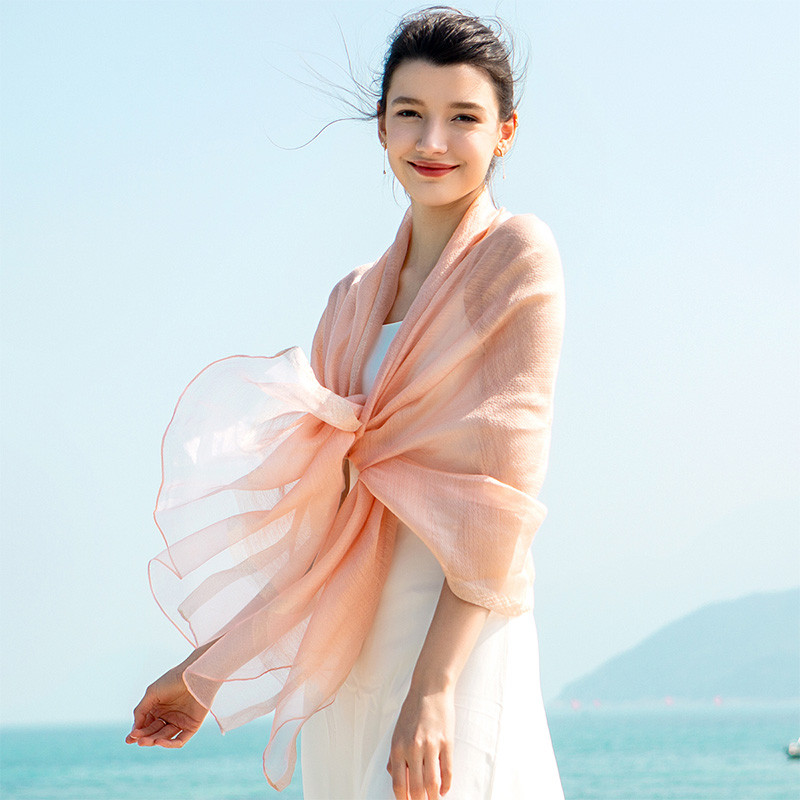 宏达HONDAR 温婉闪耀轻薄金线撞彩防晒沙滩丝巾桑蚕丝出游海滩WJ770 粉色