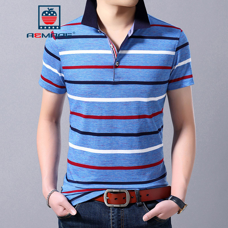 AEMAPE苹果 短袖T恤夏季男士翻领条纹薄款潮短袖上衣棉免烫休闲夏POLO衫. 蓝色 48(170/M)