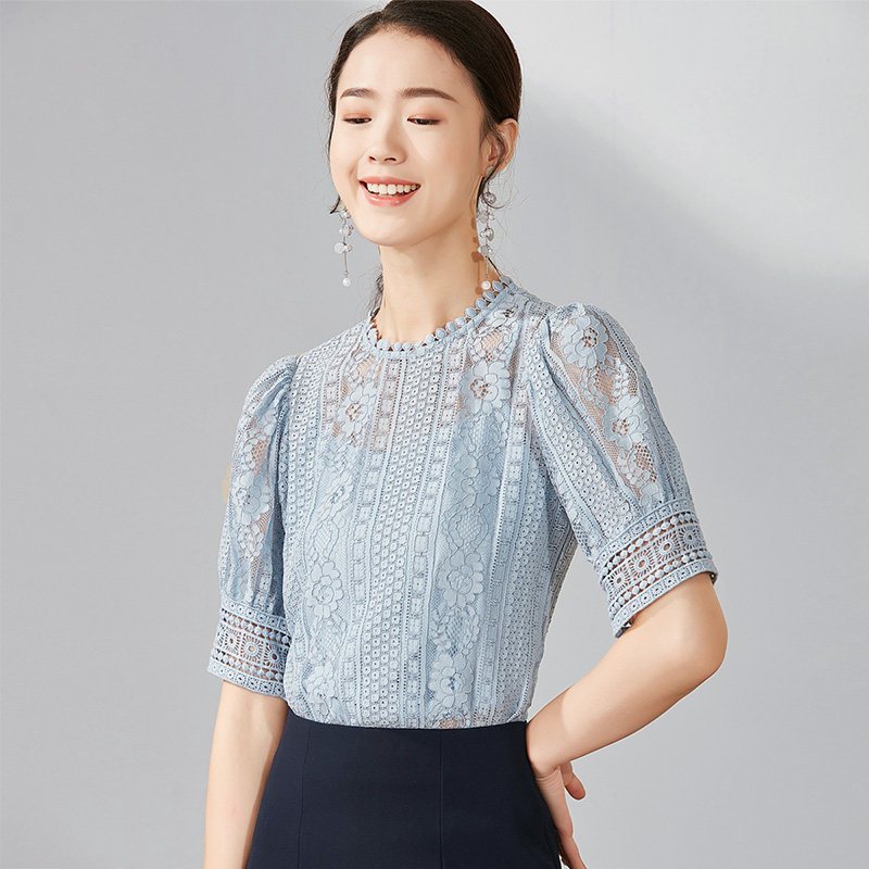 欧昵雪夏季泡泡袖宽松蕾丝衫上衣女短款短袖洋气时尚小衫 L 蓝色