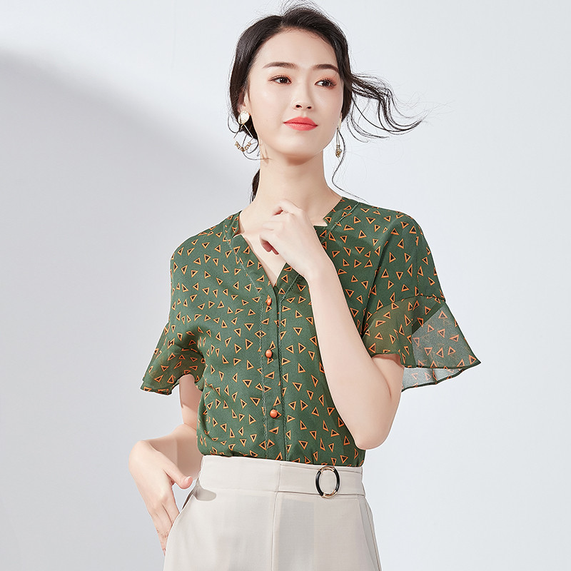 欧昵雪夏季几何图案喇叭袖V领衬衫女短袖宽松雪纺衫上衣 L 花色
