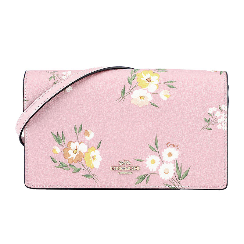 COACH 蔻驰 奢侈品女包 欧美时尚简约粉色印花人造革单肩女斜挎包潮流两用包 粉色印花