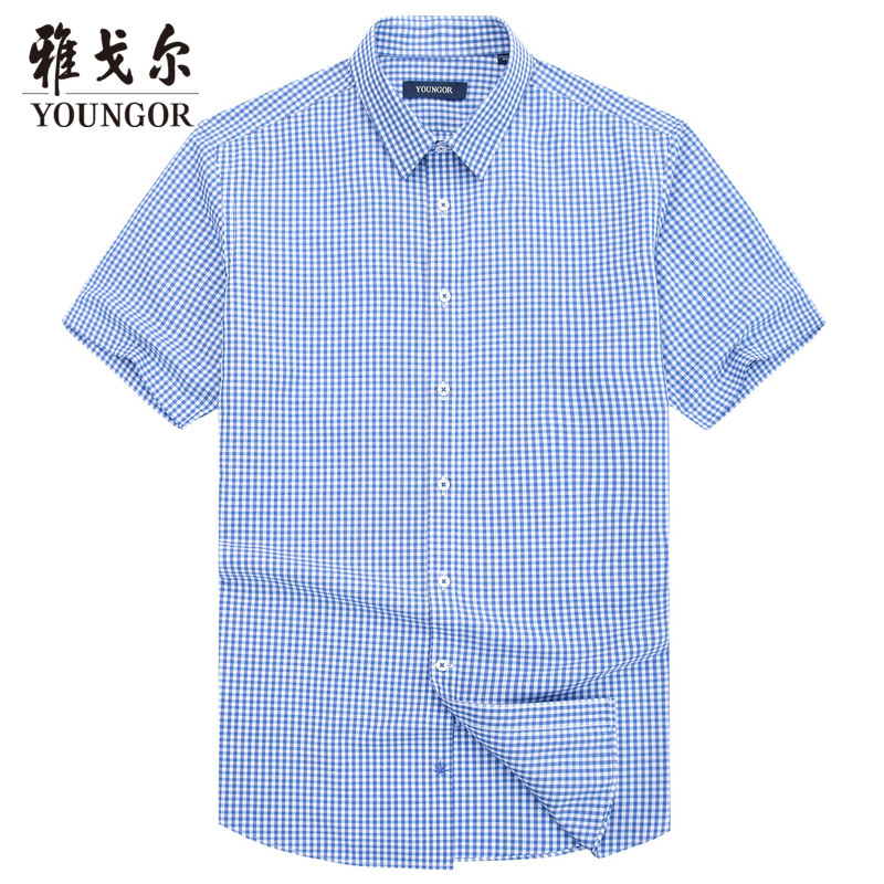 雅戈尔夏季男士短袖薄款衬衫官方休闲中青年标准棉格子衬衣9473 43 蓝色
