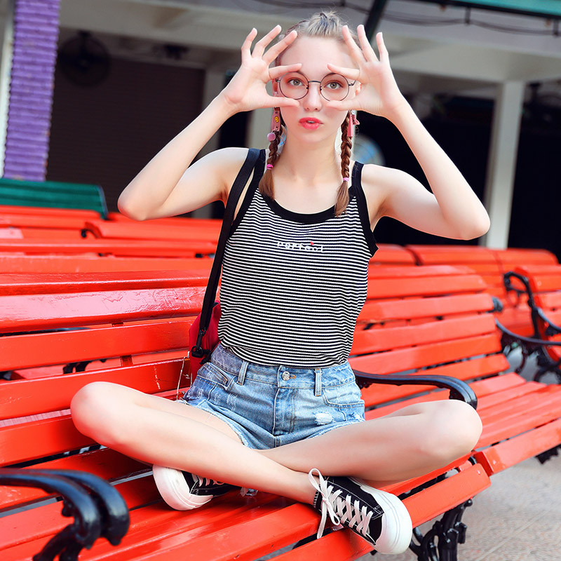 新款内搭小吊带背心女条纹短款无袖上衣修身针织外穿打底衫夏装_1 M 黑白条纹
