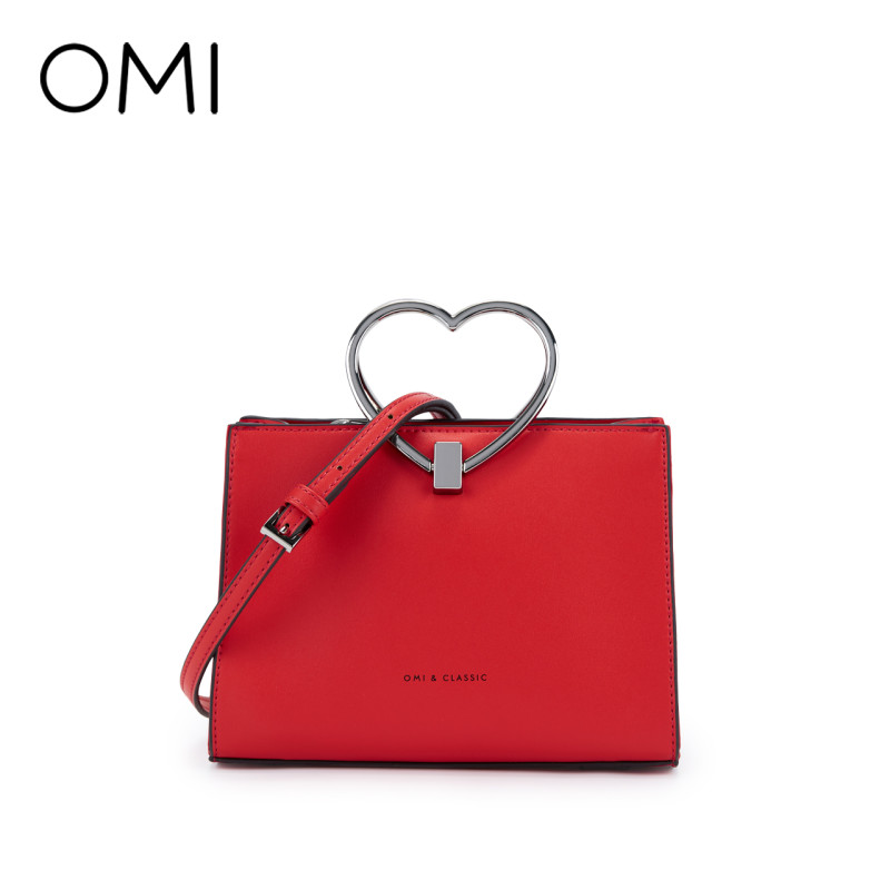欧米OMI包包女2019新款时尚简约单肩斜挎包韩版百搭金属环手提包 红色