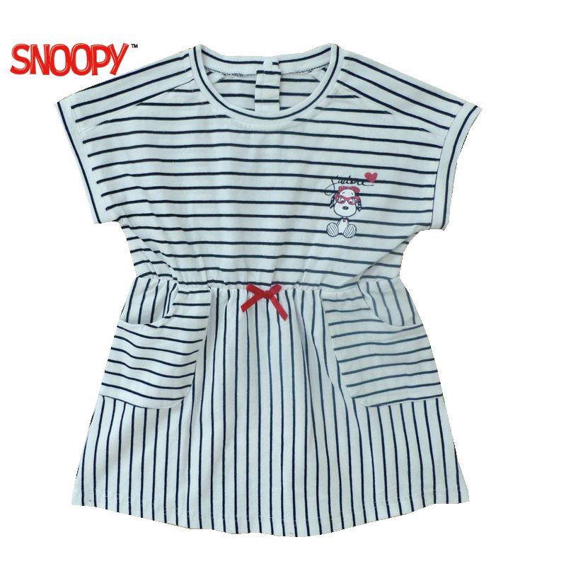 (SNOOPY)史努比童装专柜正品2-12岁女童红白条纹短袖连衣裙夏装纯棉黑白条纹时尚洋气短袖裙90-140cm