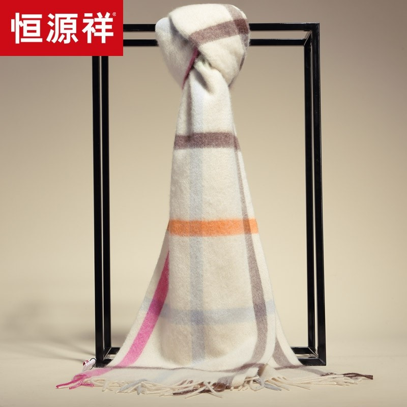 恒源祥羊毛围巾男女通用秋冬格子纯羊毛披肩韩版加厚保暖长款围脖_1 白粉格子50C18007（偏女性）