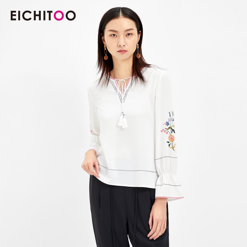 爱居兔春装2019女装时尚白色绣花一字肩长袖梭织上衣 170/92A/XL 漂白（09）