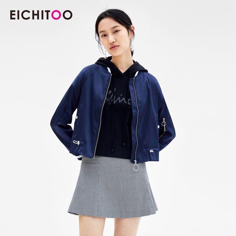 爱居兔春装2019女装时尚休闲亮面短款棒球服外套女 藏青(01) 155/80A/S