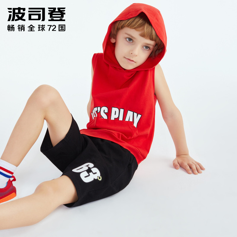波司登中大童男童两件套童装夏季短袖运动连帽短裤套装 110/56 大红色