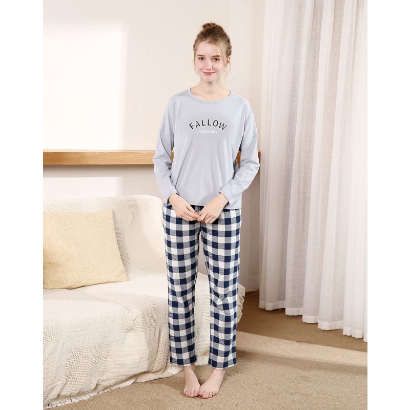 红豆居家(Hodohome)女士纯棉简约时尚格纹长袖睡衣家居服套装 175cm 灰色