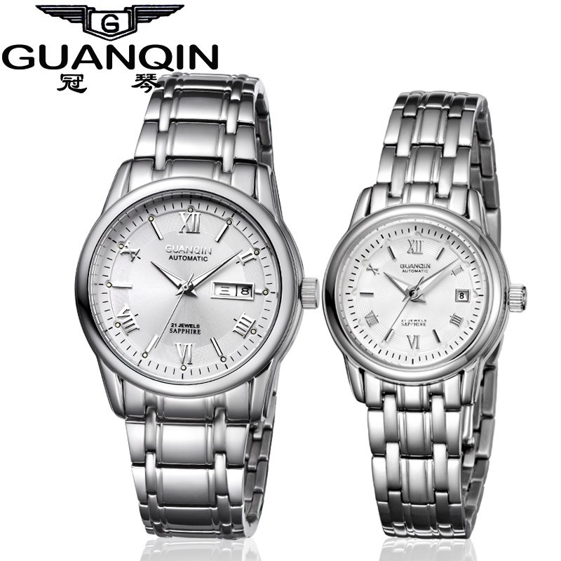 冠琴(GUANQIN)情侣表一对全自动机械表精钢带商务防水夜光情侣腕表 白底银罗马对表