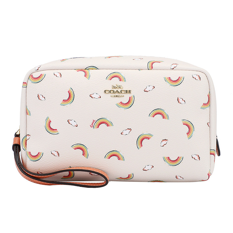 COACH 蔻驰 奢侈品 欧美时尚女士手包白色彩虹款皮革洗漱包化妆包 白色彩虹款