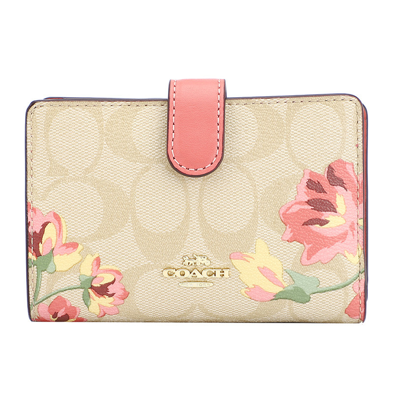 COACH 蔻驰 奢侈品 欧美时尚女士卡其色简约印花人造革短款钱包钱夹零钱包