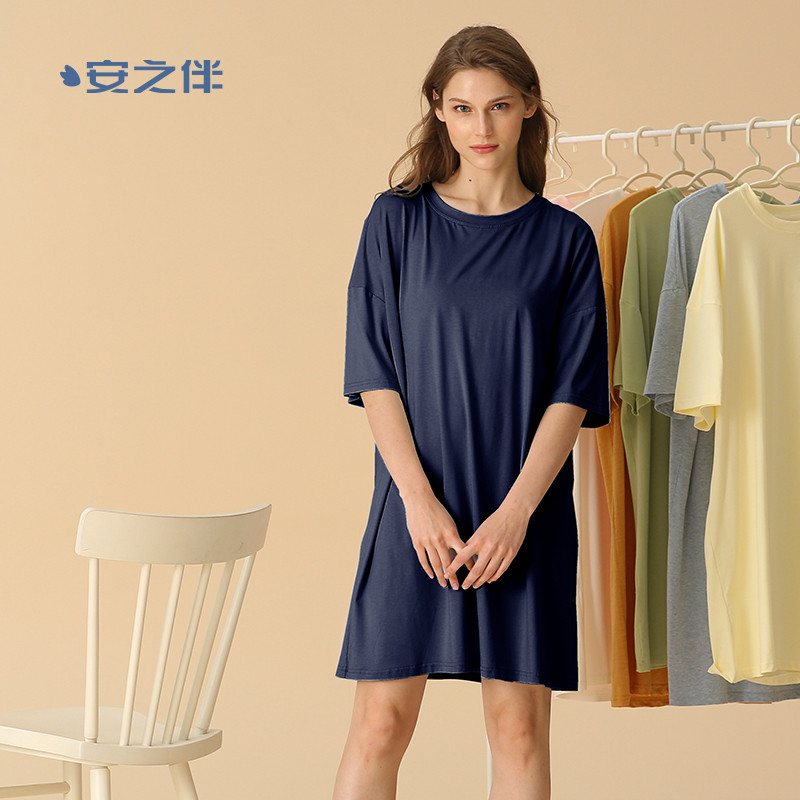 安之伴短袖睡裙女夏休闲宽松大码睡衣中裙可外穿纯色家居服T恤裙 M 黑兰
