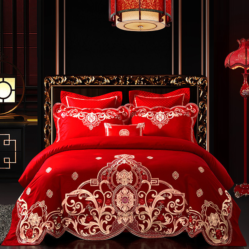 丹杰 欧式婚庆床上用品床单款刺绣四件套大红色喜庆提花四六八十一件套 珠联璧合 1.5m-1.8m床
