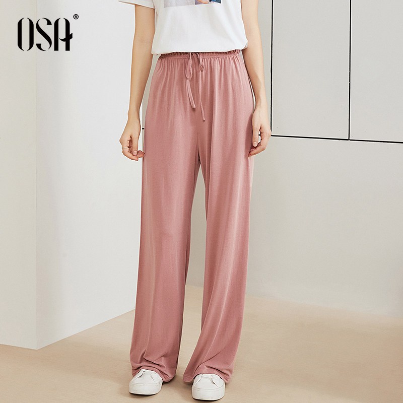OSA坠感冰丝阔腿裤女夏2019新款休闲薄款宽松凉凉拖地长裤子垂感 XL 豆沙粉