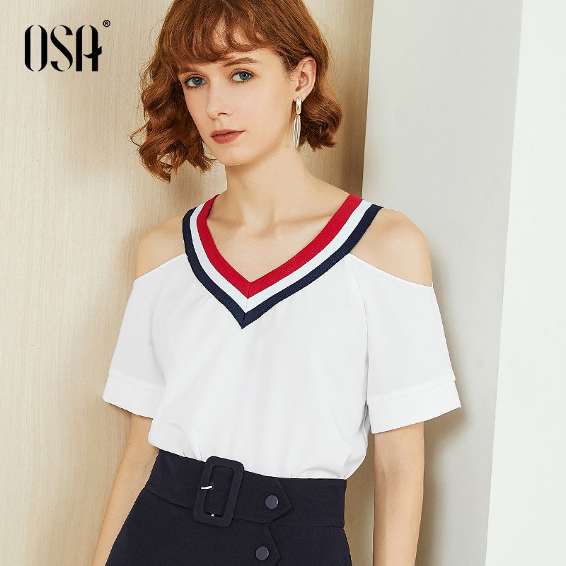 OSA欧莎白色雪纺衫女2019新款夏宽松短袖露肩上衣气质心机小衫 XL 白色