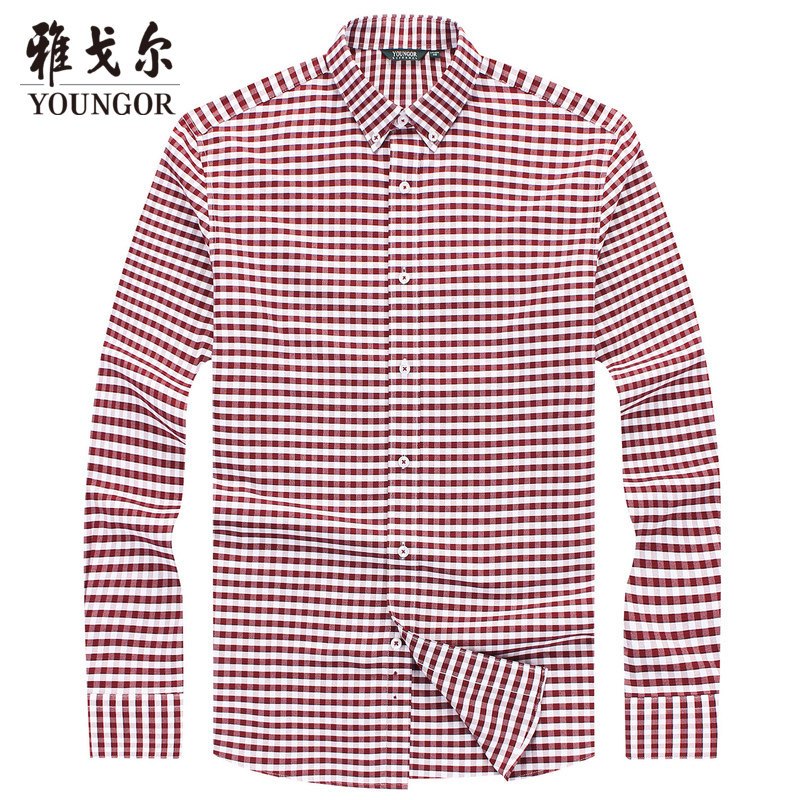 雅戈尔春秋季男士长袖免烫衬衫官方休闲宽松棉格子衬衣9036 40 红白格纹
