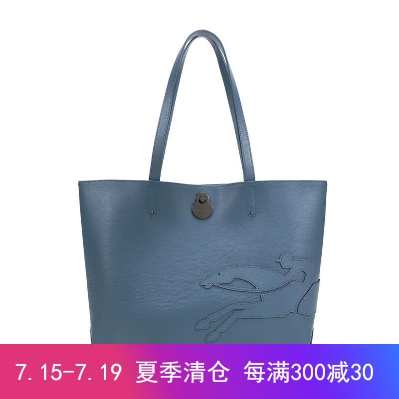 Longchamp 珑骧 女士SHOP-IT系列骑手图案牛皮中号手提单肩托特包 1379 918 729-飞行员蓝色