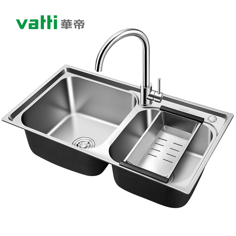 华帝(vatti)304不锈钢水槽双槽 拉丝不锈钢洗菜盆 厨房水槽 厨房洗碗盆091203(750*400*205)