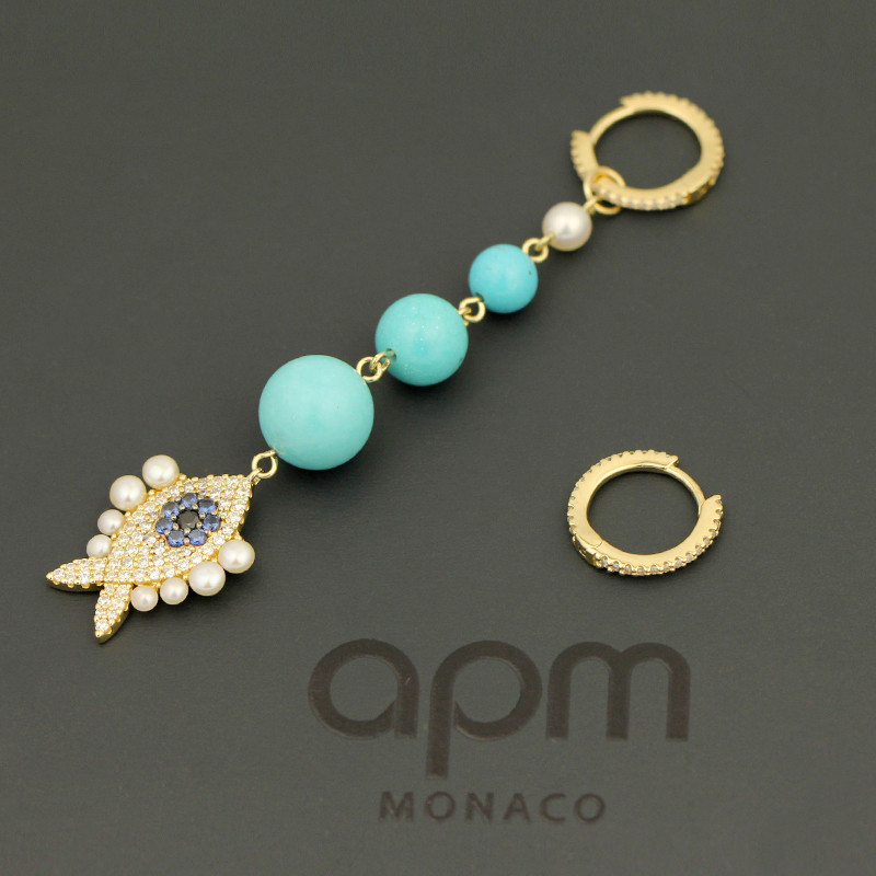 apm MONACO不对称金黄色幸运小鱼耳环银耳饰AE11616TUMY 天蓝色