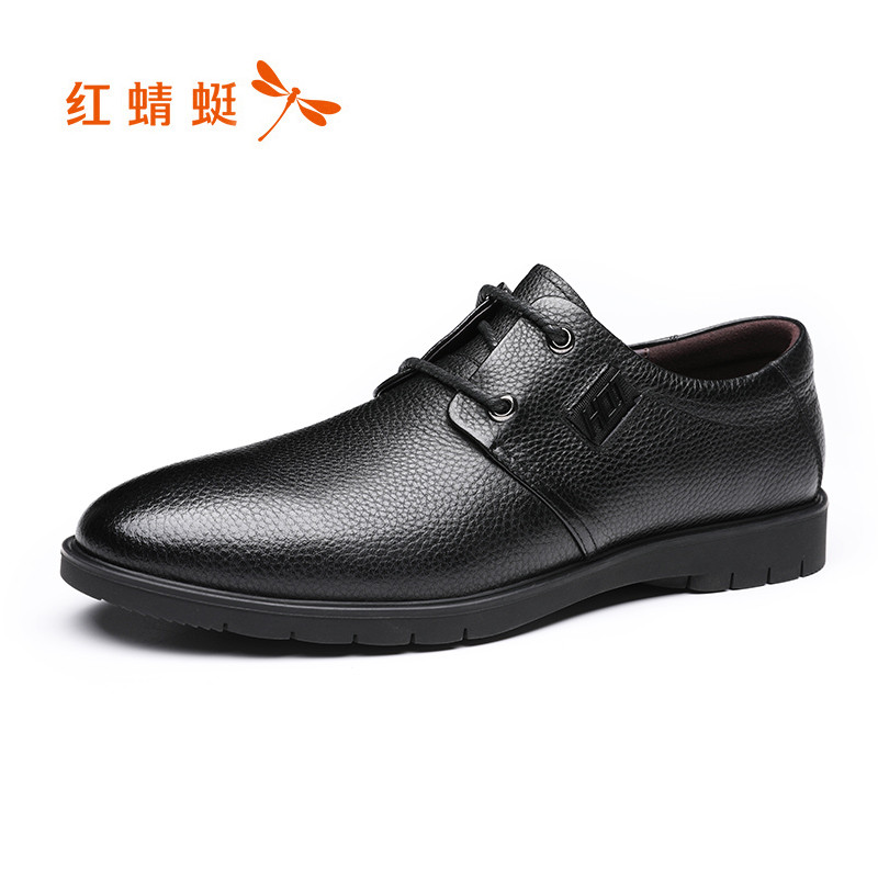 红蜻蜓男鞋2019秋季新款头层牛皮商务休闲鞋英伦尖头系带男士皮鞋 黑色 43码
