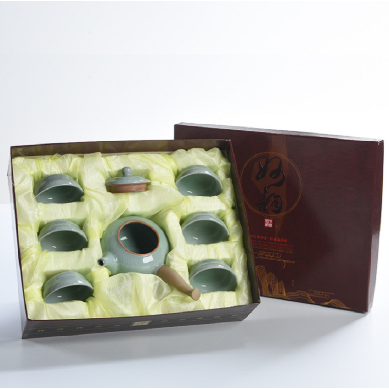 C&C 茶具定制 传统五大名窑 哥窑7头功夫茶具 圆壶侧把开片陶瓷组合 gy7t 蓝色