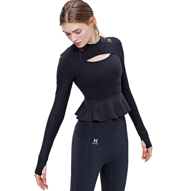 HOTSUIT后秀塑形一体式运动长袖T恤女小心机荷叶边小裙摆BRA上衣6960001 XL 矿物黑
