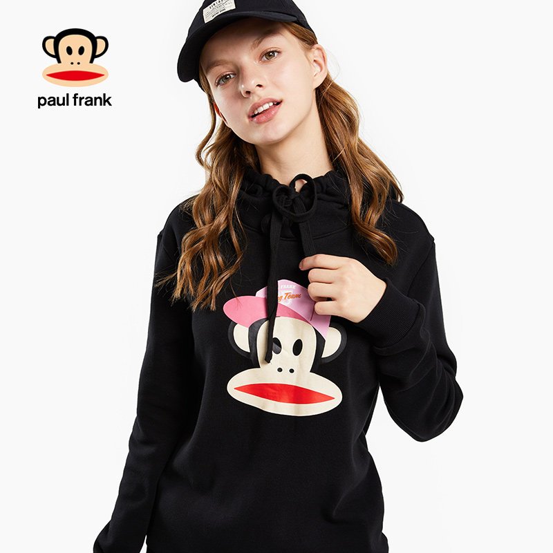 PaulFrank/大嘴猴2019秋季新款连帽卫衣女宽松印花黑色韩版休闲_1 L 黑色