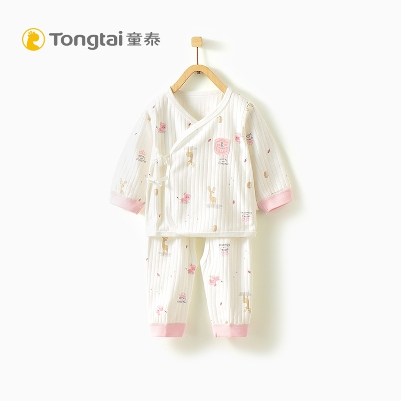 童泰婴儿纯棉和服开裆套装0-3个月宝宝系带内衣裤子两件套 52cm 粉色