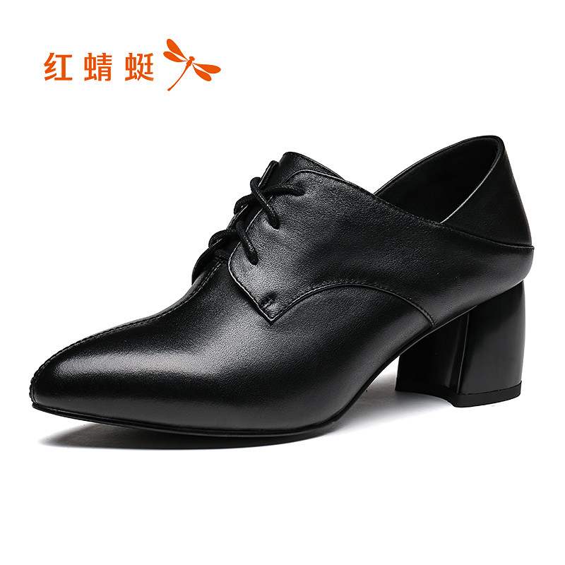 红蜻蜓女鞋2019秋季新款头层牛皮黑色通勤工作鞋女高跟尖头窝窝鞋 黑色 37码