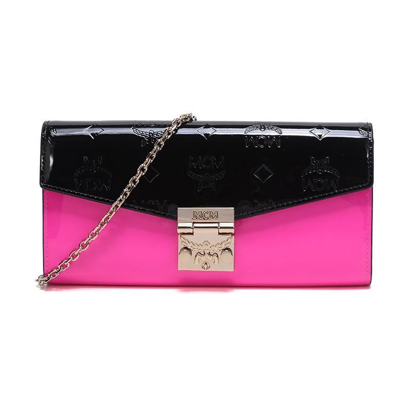 MCM 女款漆皮Patrica Visetos单肩斜挎包链条包手拿包 MYL9SPA42 BK001-黑色霓虹粉拼色