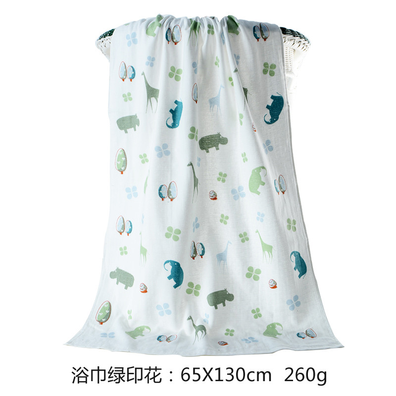 亚光(LOFTEX) 家纺纯棉柔软吸水纱布全棉卡通动物印花儿童浴巾单条装棕色绿色65*130cm 672103