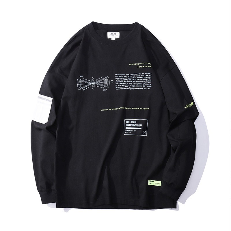 Guuka潮牌长袖T恤男潮ins青少年拼接假两件嘻哈运动黑色长T恤宽松 XXL 黑色