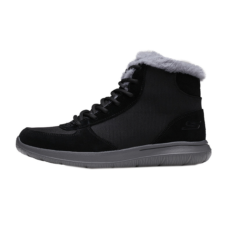 skechers斯凯奇女鞋GO WALK轻质靴子加绒中帮毛靴厚底短靴14296 黑色/灰色 35码