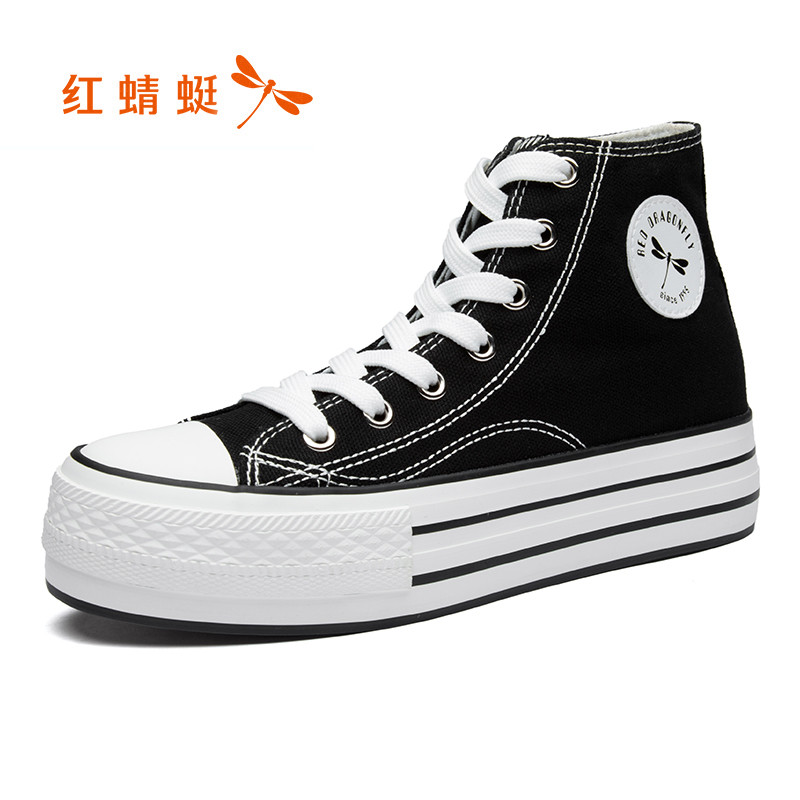 红蜻蜓女鞋秋季新款高帮帆布鞋女厚底增高鞋韩版百搭休闲板鞋 黑/白色 39码