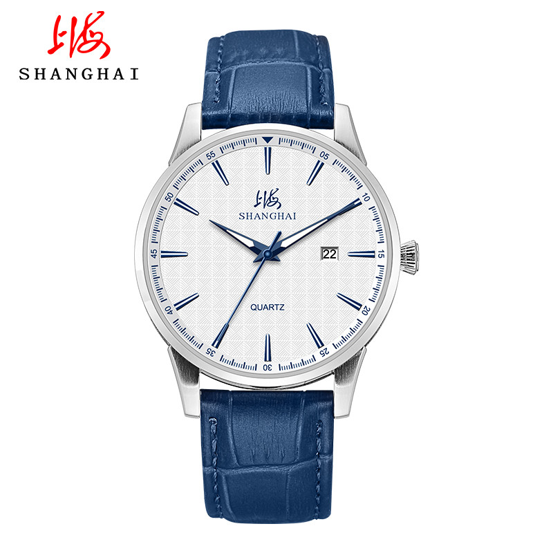 上海SHANGHAI手表 时尚简约大气 男士手表 日历防水皮带薄款 新款石英男表168 白钢蓝色条钉