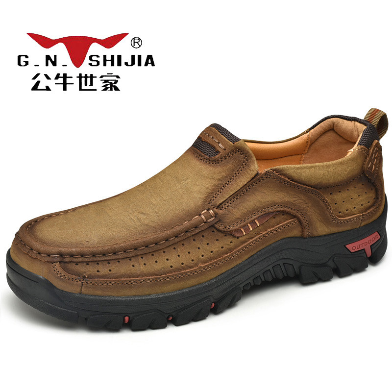 公牛世家男鞋2019秋季户外休闲鞋真皮厚底中年鞋子牛皮套脚舒适防滑皮鞋GN3237 军绿色 47码