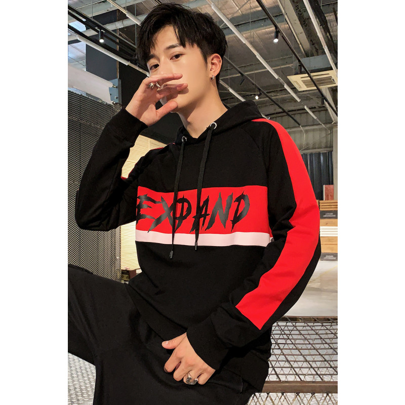 三弦(LA CORDE)连帽卫衣男士2019新款春秋季韩版潮流拼色上衣服男款个性百搭外套LA-MYY-W303 黑红 M