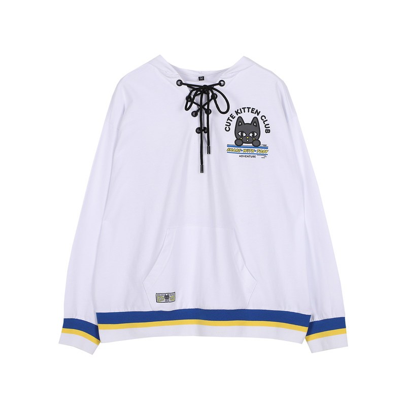 a02新款2019潮流条纹拼接卡通印花系绳连帽卫衣女潮DTU5A0611KT S 白色-000