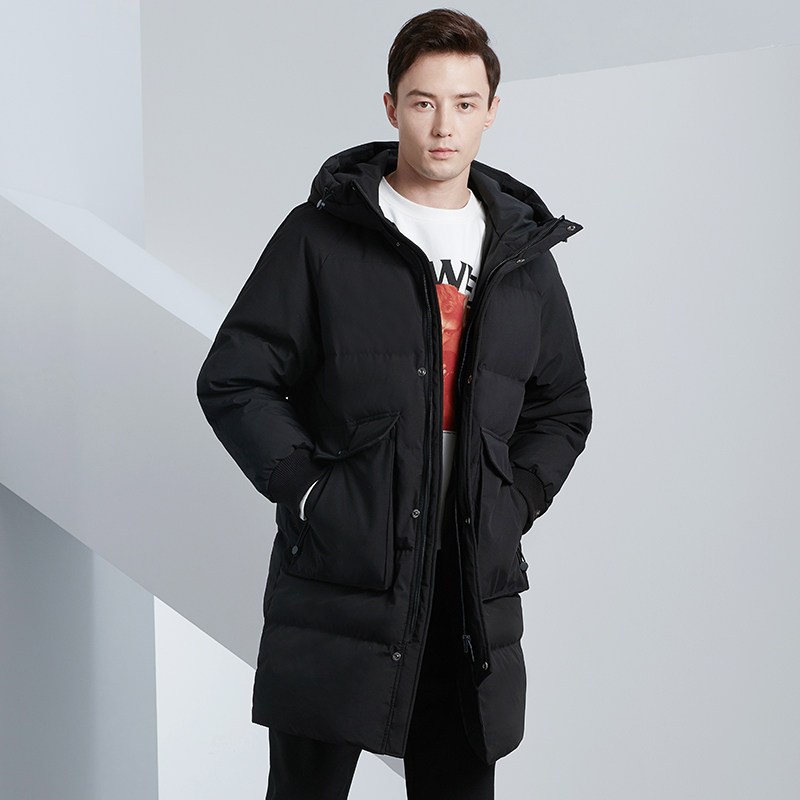 雅鹿羽绒服男中长款韩版2019新款宽松连帽外套加厚冬季面包服潮H 175/L 黑色