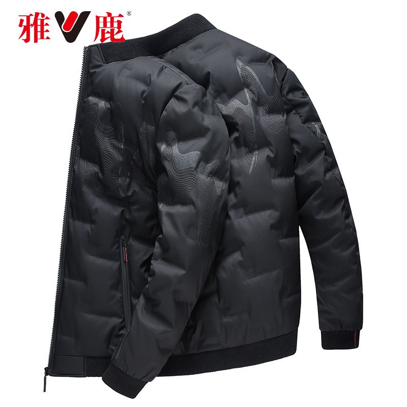 雅鹿羽绒服男短款2019新款外套冬季男士加绒保暖棒球领羽绒服男W 175/L 黑色