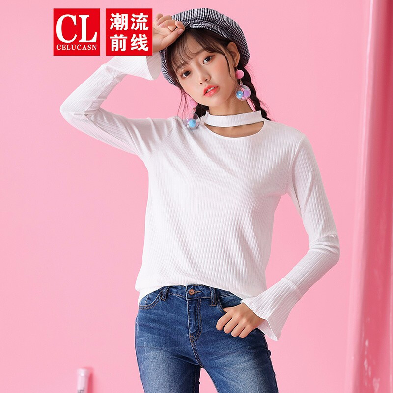 潮流前线2019秋装韩版半高领短款修身长袖T恤女喇叭袖上衣白色_1 XL 默认颜色