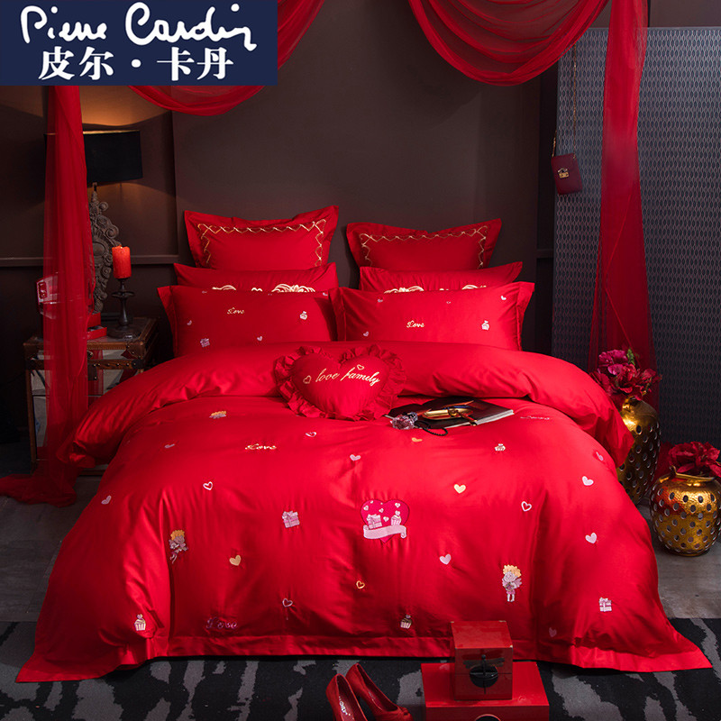 皮尔卡丹(Pierre Cardin)家纺 60支长绒棉全棉刺绣婚庆四件套大红刺绣喜被套结婚套件1.8m床新婚房床上用品 丘比特 四件套床盖款【2.0m床】