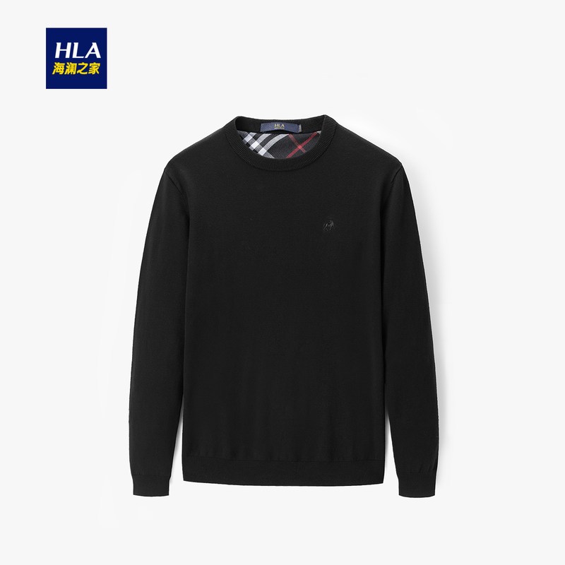 HLA/海澜之家绣花长袖针织衫2019秋季基础圆领套头针织衫男 HNZAD3R064A 黑色64 190/104A/XXXL