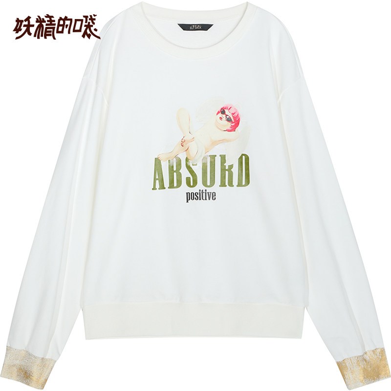 妖精的口袋韩版印花卫衣2019秋季新款女cec宽松长袖套头圆领上衣_1 L 白色安第斯