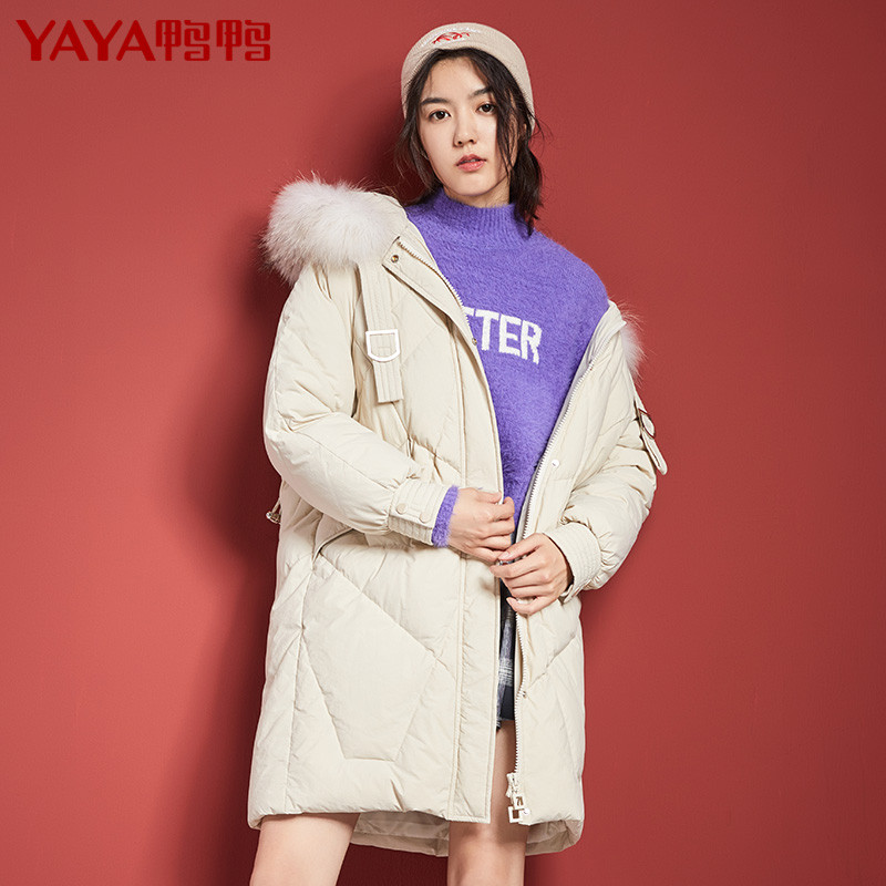 鸭鸭秋季直筒连帽外套常规轻薄长袖大码拉链韩版女羽绒服B-521412 175/96A 米杏色