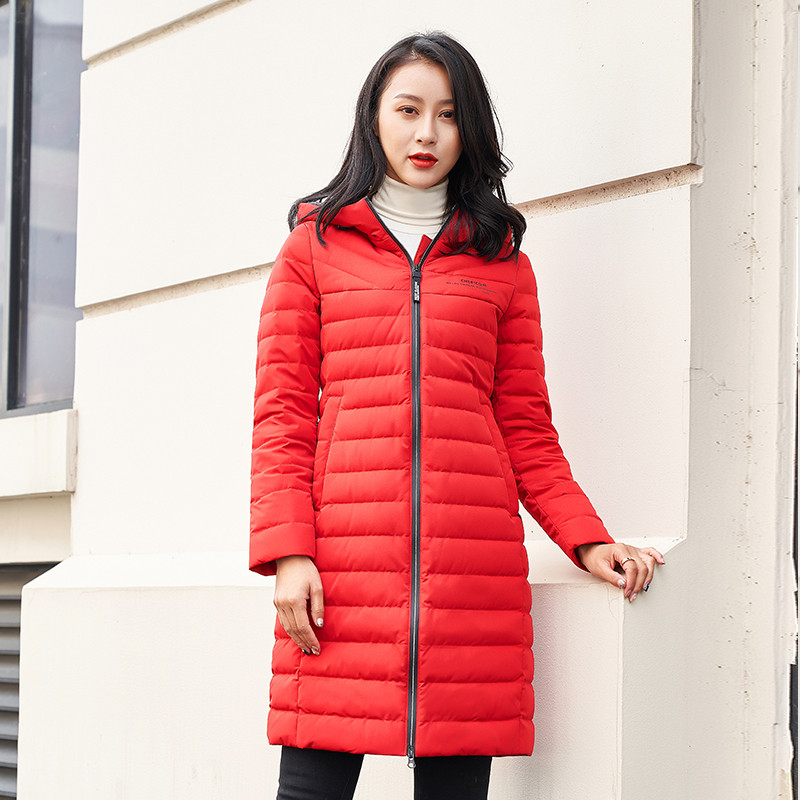 千仞岗女士中长款轻薄时尚休闲简约连帽羽绒服229053 180/2XL 经典红