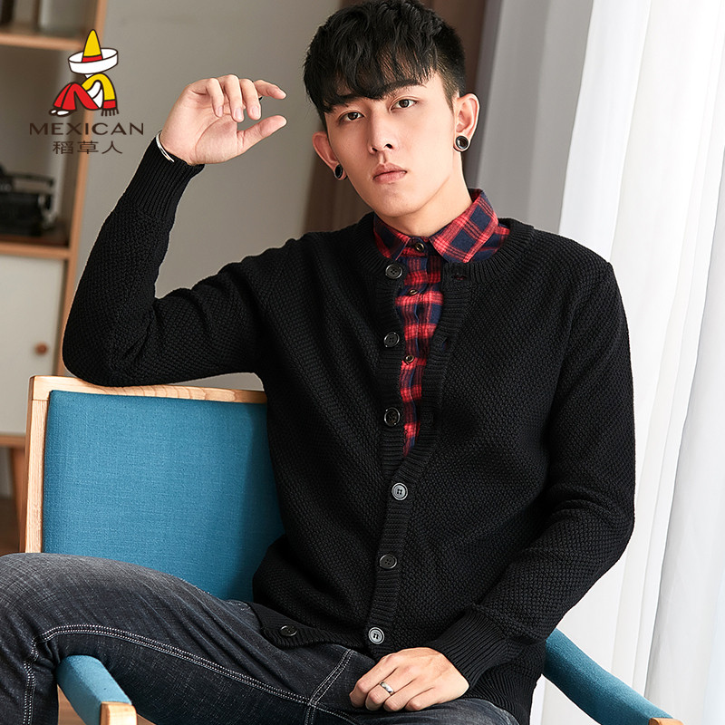 稻草人开衫毛衣男2019秋冬新品潮流男士开衫针织衫休闲纯棉外套 3XL 黑色