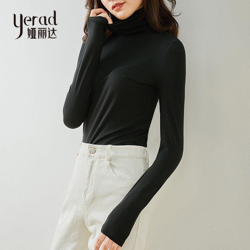 娅丽达女装长袖T恤女2019秋季新款宽松立领纯色韩版弹力打底衫 S 黑色A0